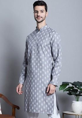Grey Printed Poly Blend Kurta For Men