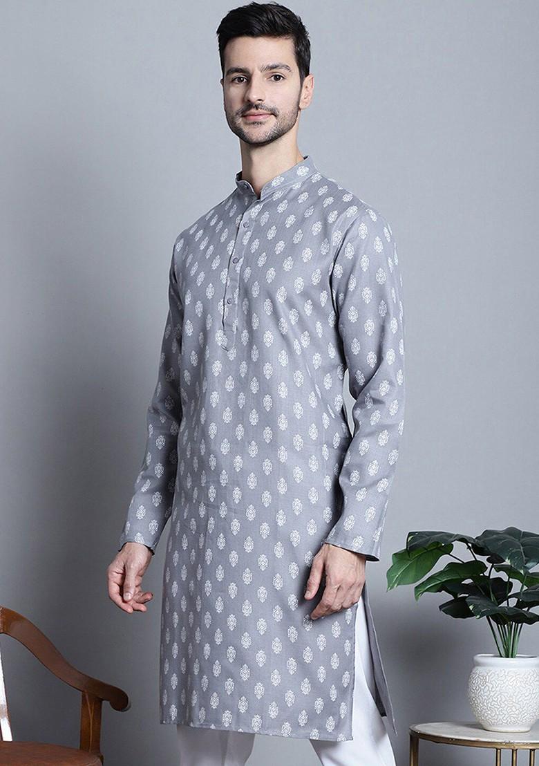 Grey Printed Poly Blend Kurta For Men