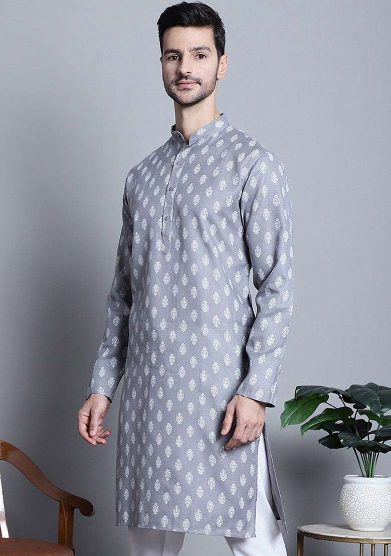 Grey Printed Poly Blend Kurta For Men - Indya