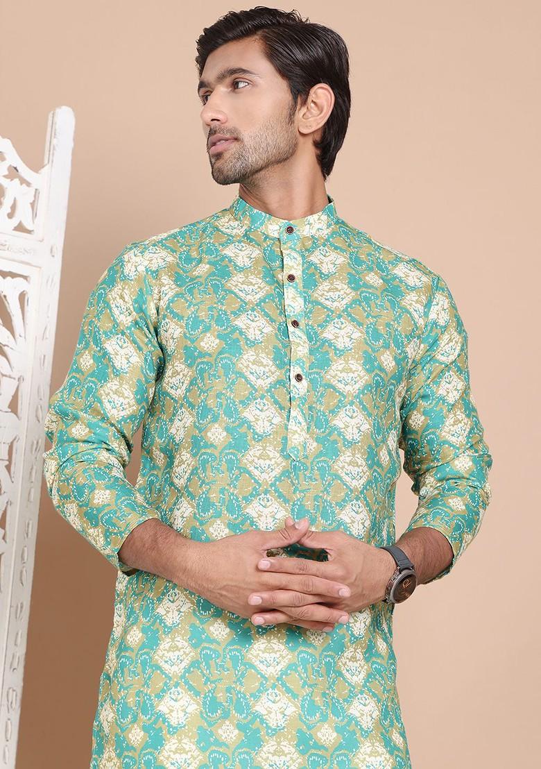 Green Printed Poly Blend Kurta For Men