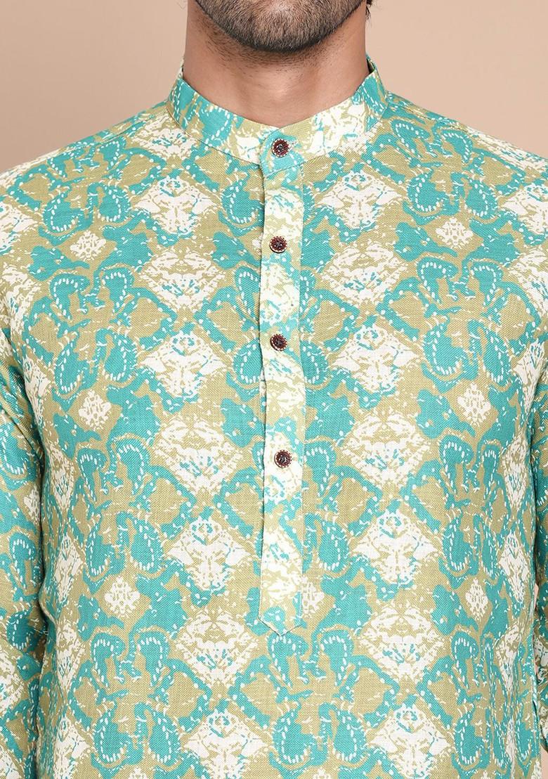 Green Printed Poly Blend Kurta For Men