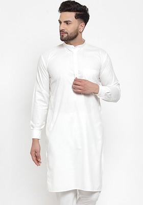 Off White Embroidered Poly Blend Kurta For Men