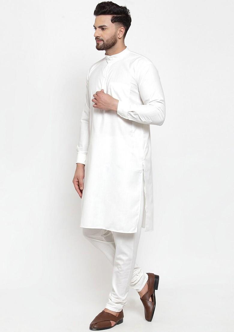 Off White Embroidered Poly Blend Kurta For Men