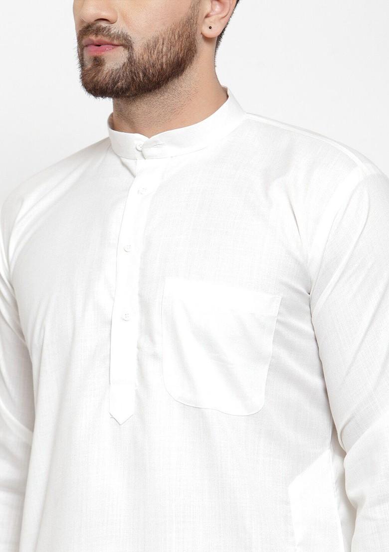 Off White Embroidered Poly Blend Kurta For Men