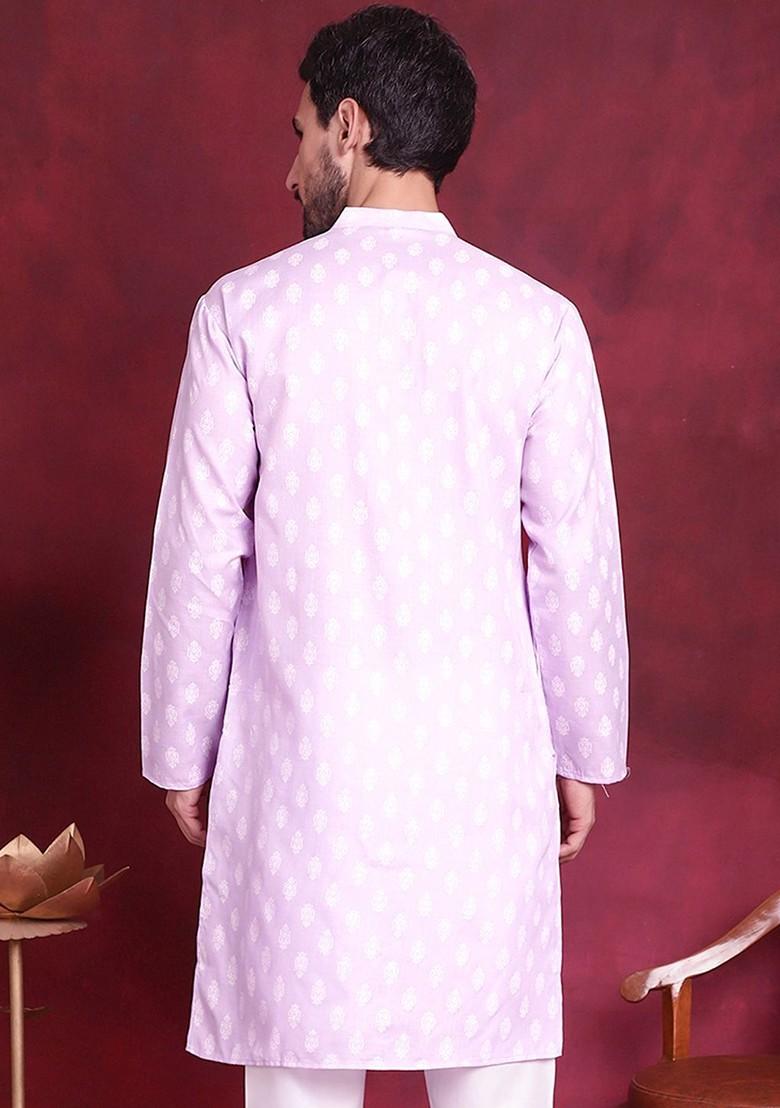 Purple Printed Poly Blend Kurta For Men