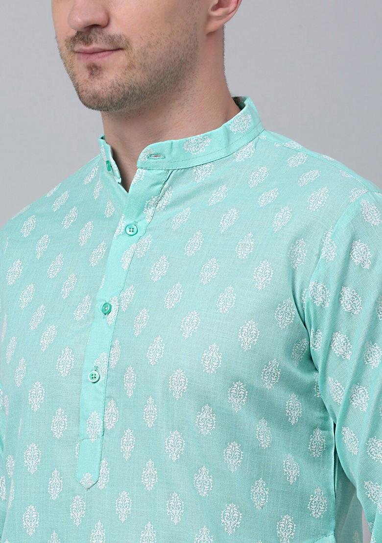 Green Printed Poly Blend Kurta For Men