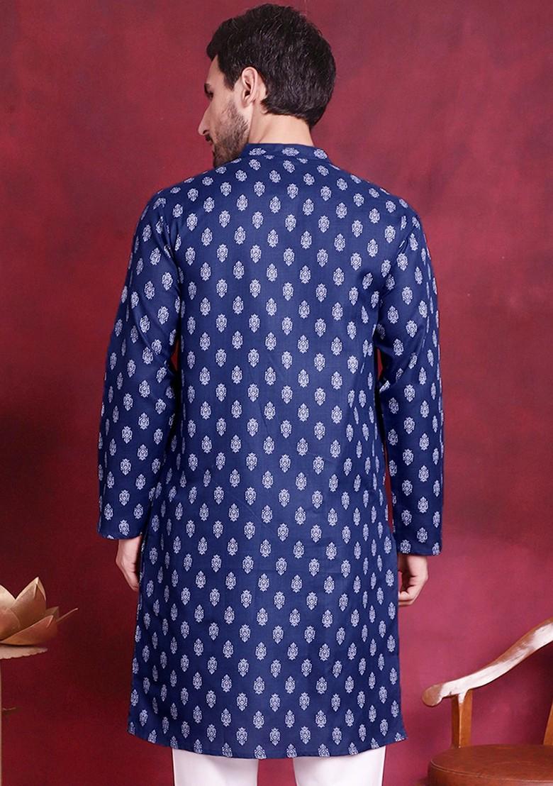 Navy Blue Printed Poly Blend Kurta For Men