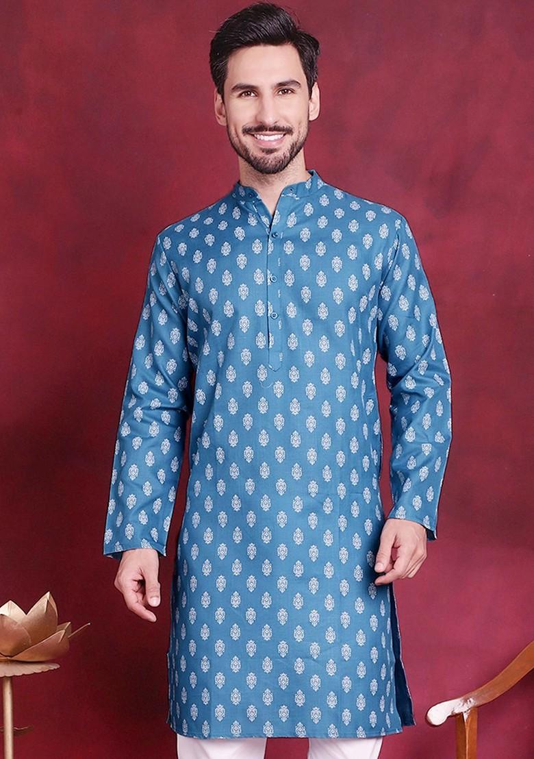 Teal Blue Printed Poly Blend Kurta For Men