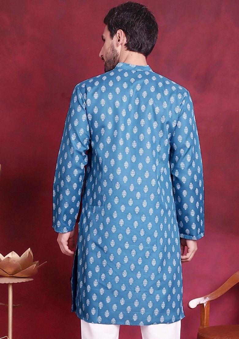 Teal Blue Printed Poly Blend Kurta For Men