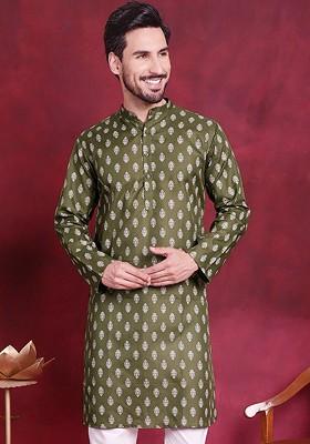 Green Printed Poly Blend Kurta For Men
