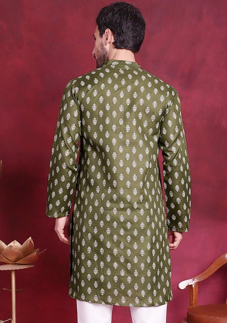 Green Printed Poly Blend Kurta For Men