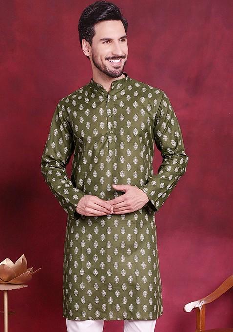 Green Printed Poly Blend Kurta For Men
