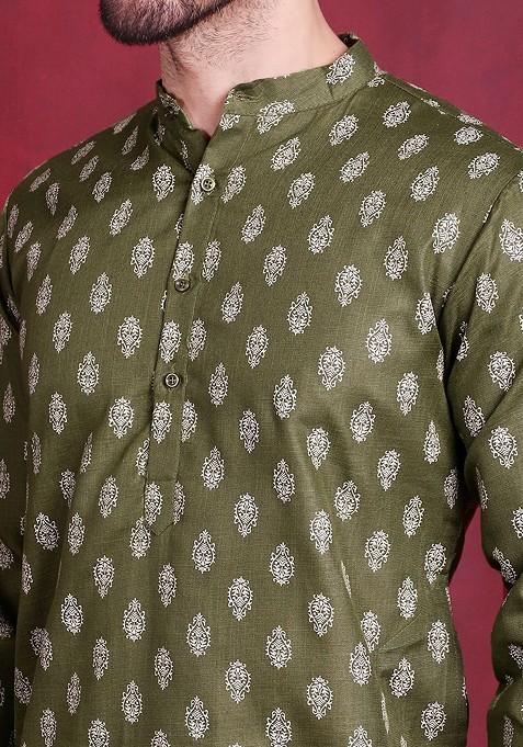 Green Printed Poly Blend Kurta For Men