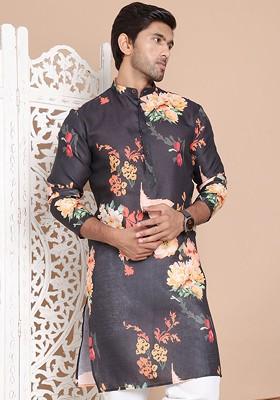 Black Printed Poly Blend Kurta For Men