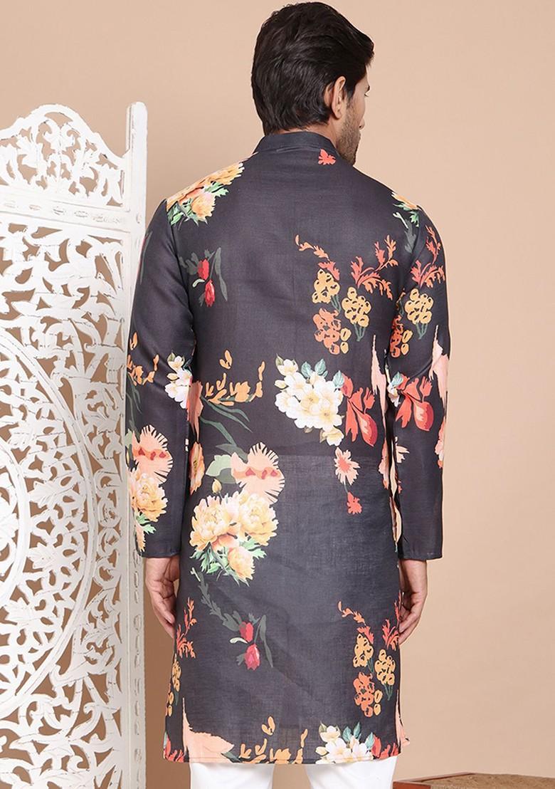 Black Printed Poly Blend Kurta For Men