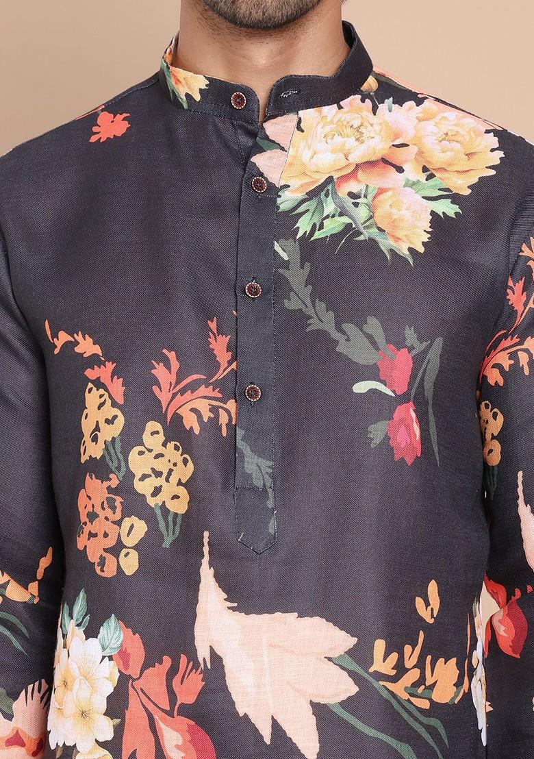 Black Printed Poly Blend Kurta For Men