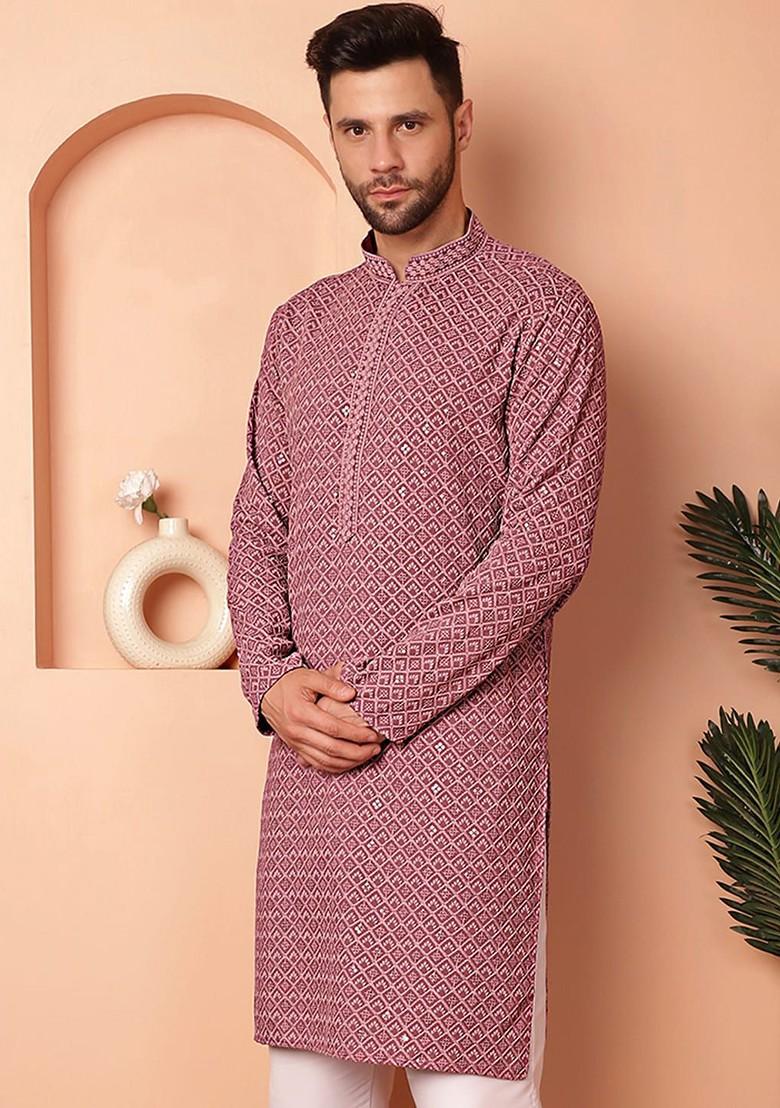 Magenta Embroidered Poly Blend Kurta For Men