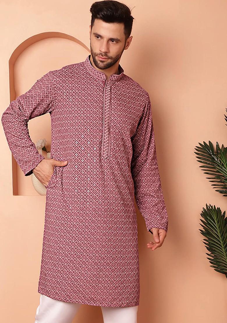 Magenta Embroidered Poly Blend Kurta For Men