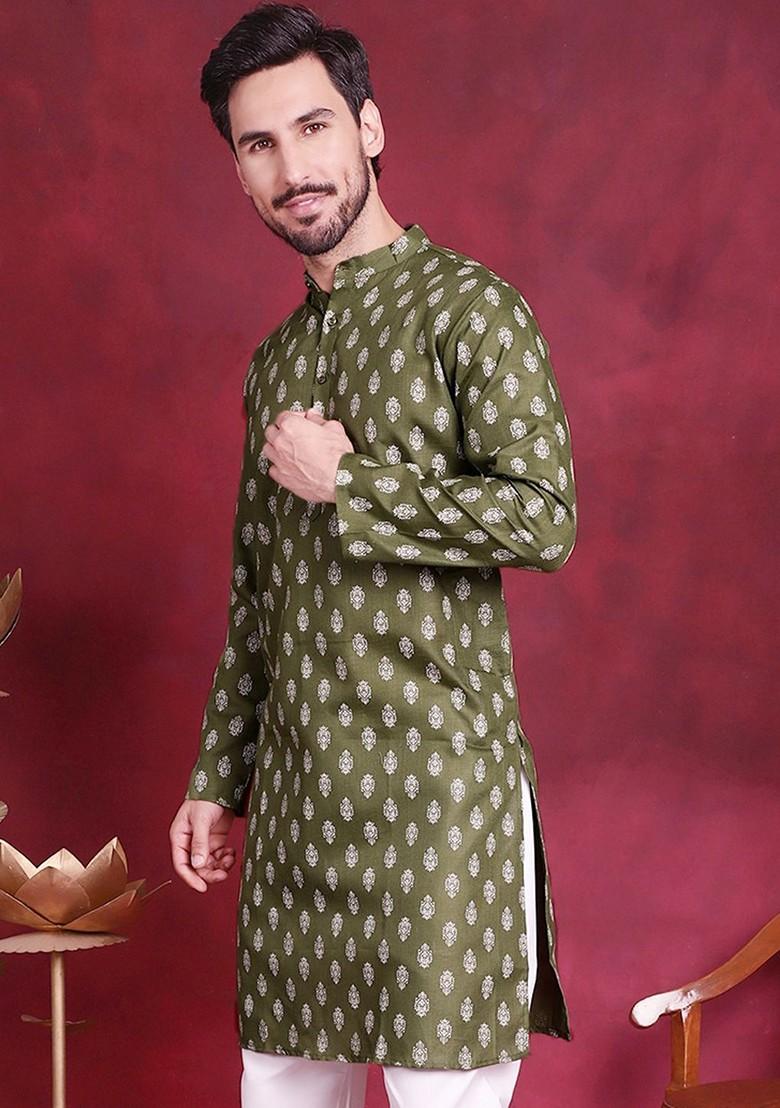 Green Printed Poly Blend Kurta For Men