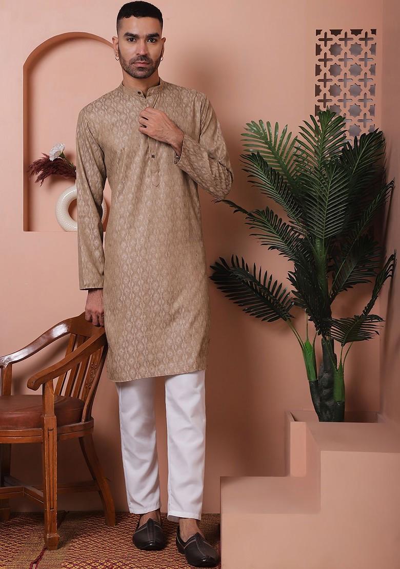 Brown Woven Design Poly Blend Kurta For Men