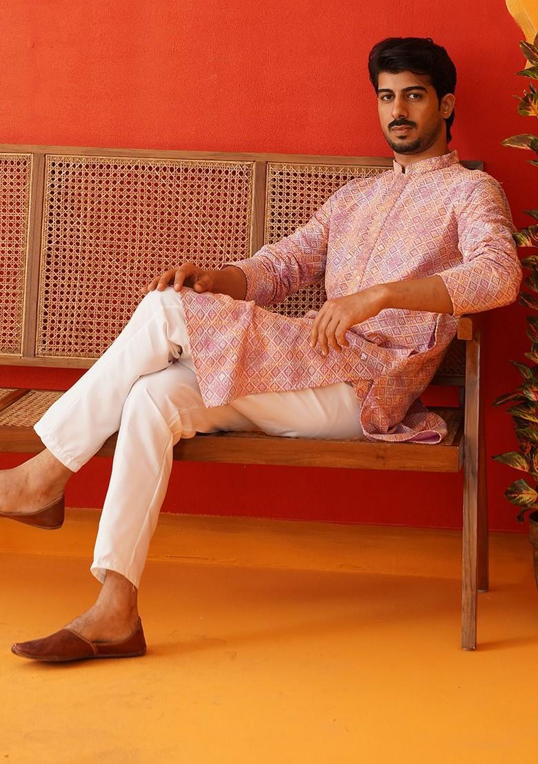 Pink Embroidered Poly Blend Kurta For Men