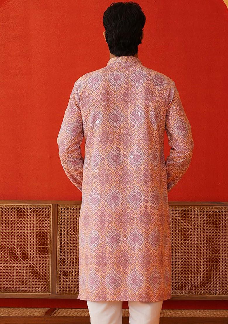 Pink Embroidered Poly Blend Kurta For Men
