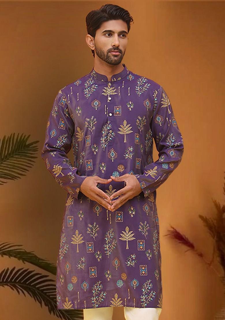 Purple Printed Poly Blend Kurta For Men