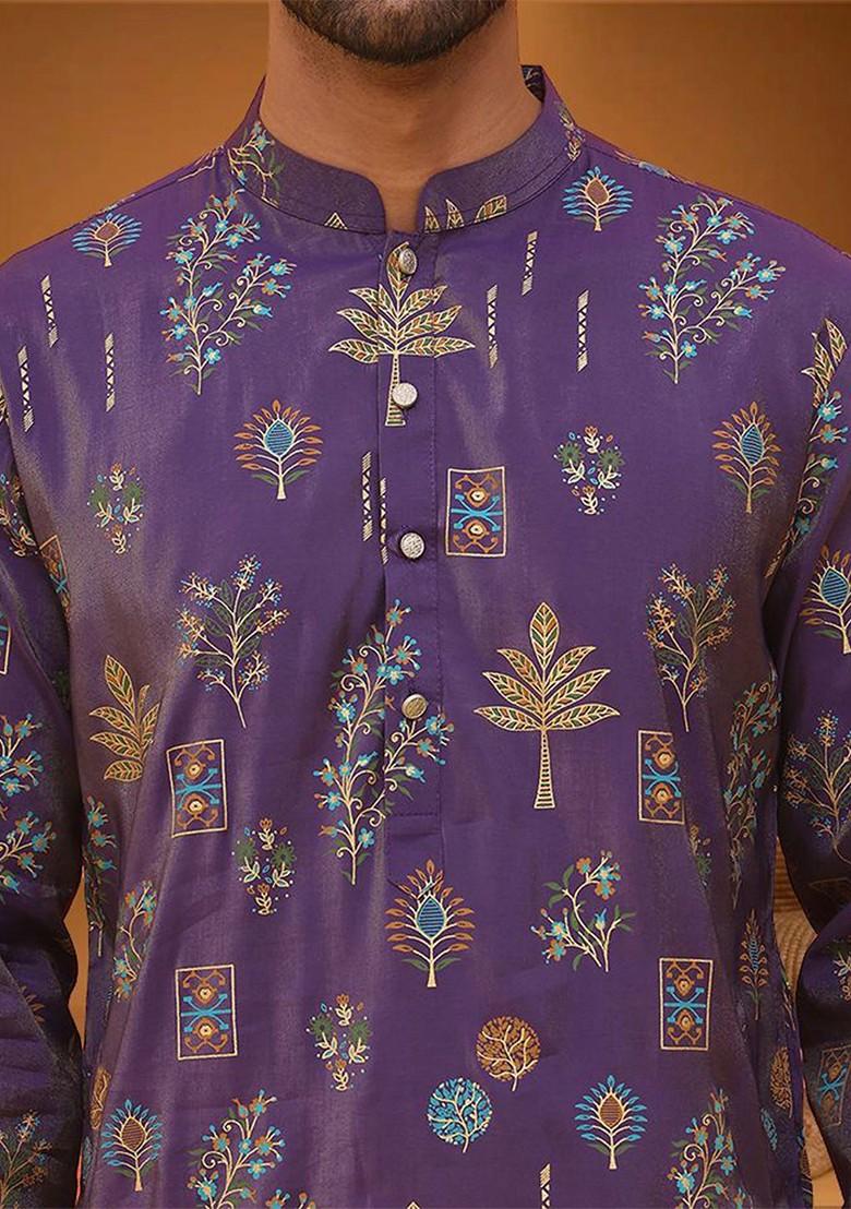 Purple Printed Poly Blend Kurta For Men