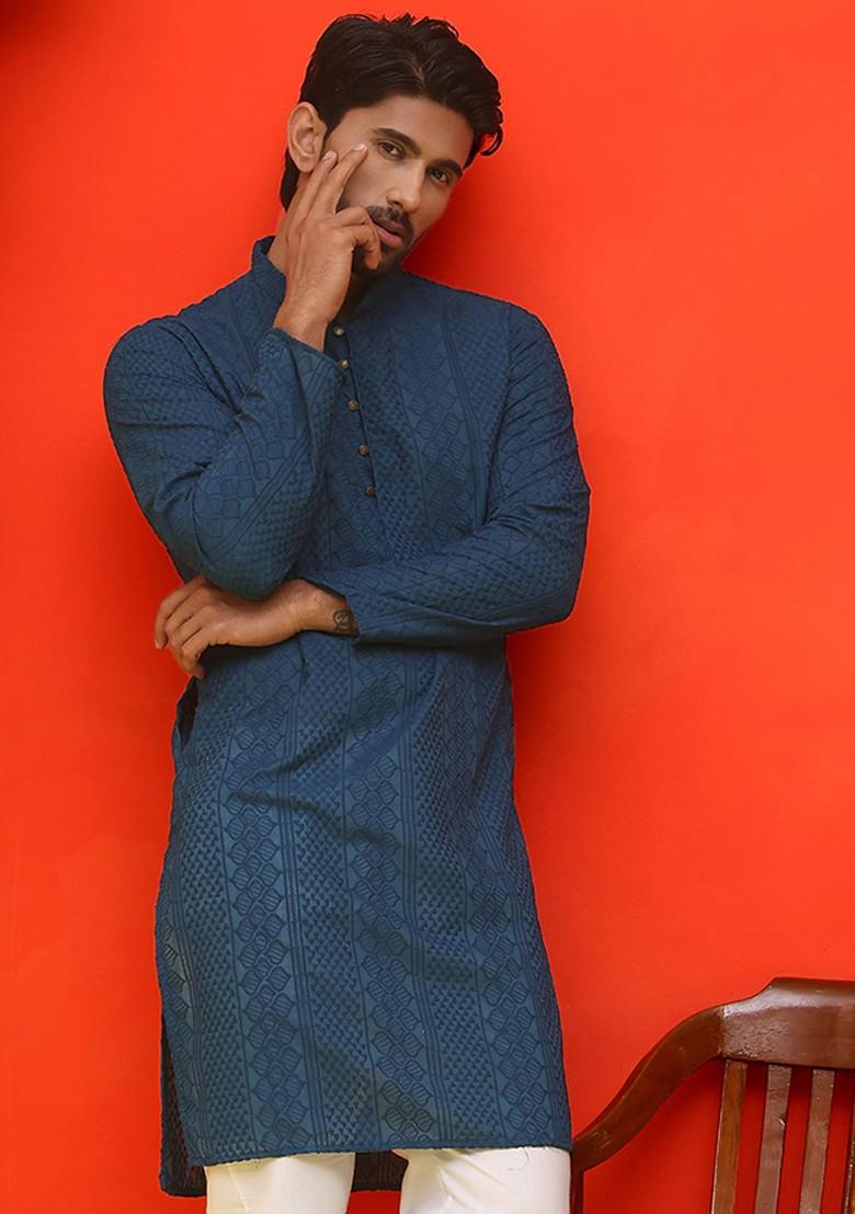 Teal Blue Embroidered Poly Blend Kurta For Men