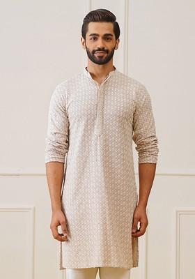 Beige Embroidered Poly Blend Kurta For Men