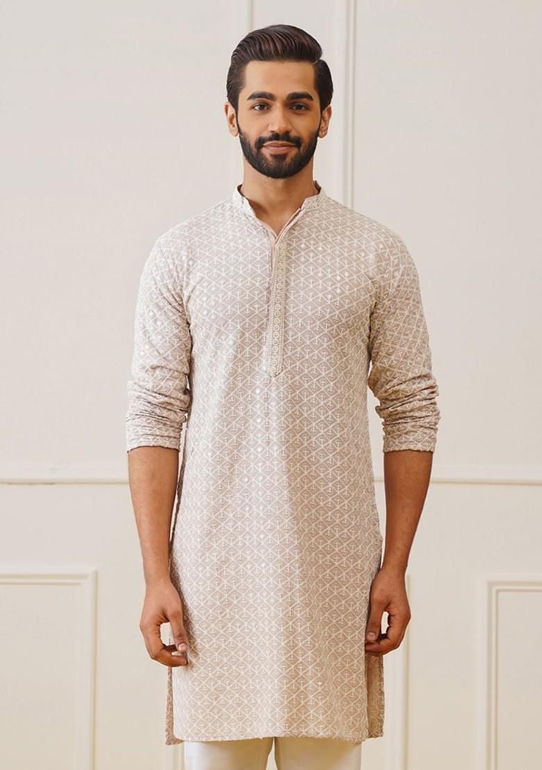 Beige Embroidered Poly Blend Kurta For Men