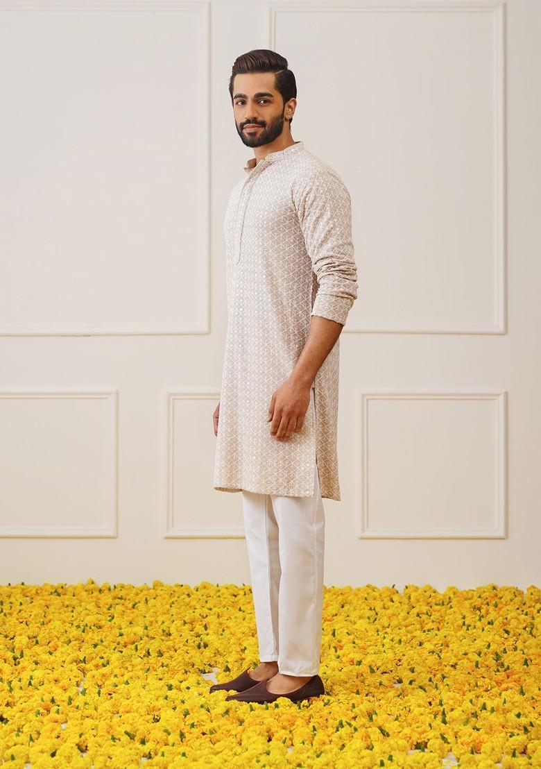 Beige Embroidered Poly Blend Kurta For Men