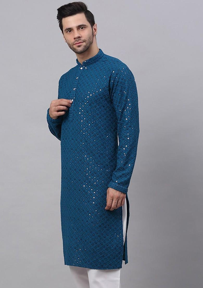 Teal Blue Embroidered Poly Blend Kurta For Men