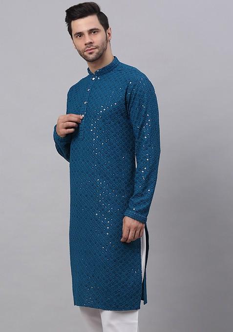 Teal Blue Embroidered Poly Blend Kurta For Men