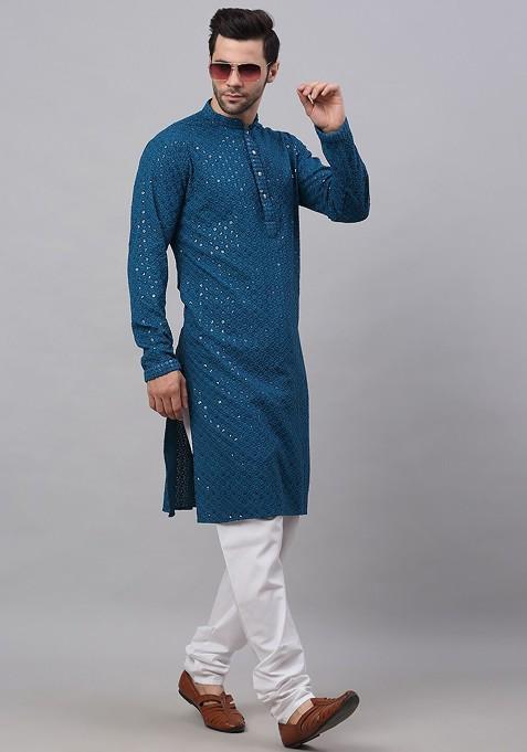 Teal Blue Embroidered Poly Blend Kurta For Men