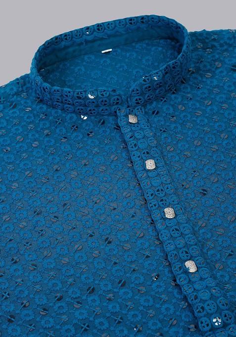 Teal Blue Embroidered Poly Blend Kurta For Men
