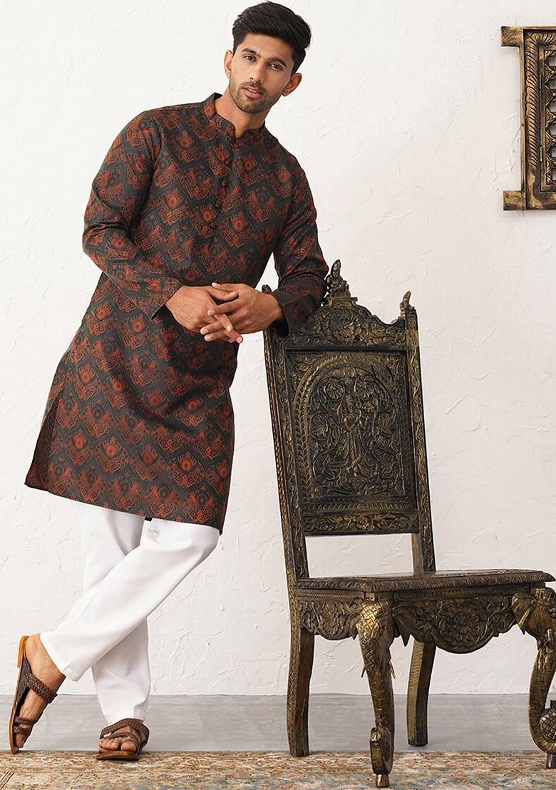 Black Printed Poly Blend Kurta For Men