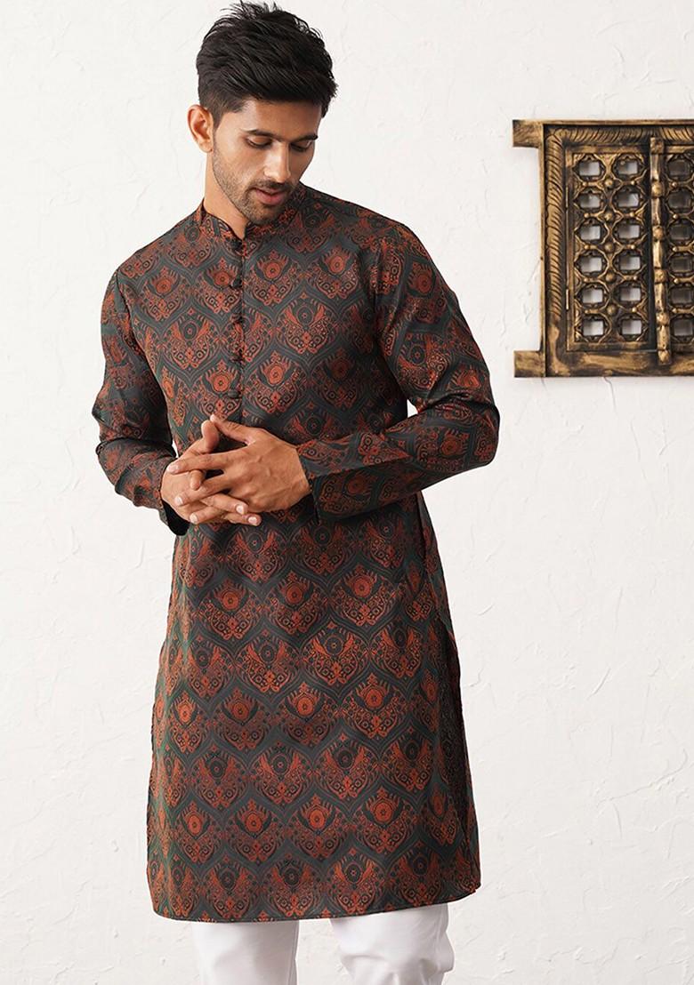 Black Printed Poly Blend Kurta For Men