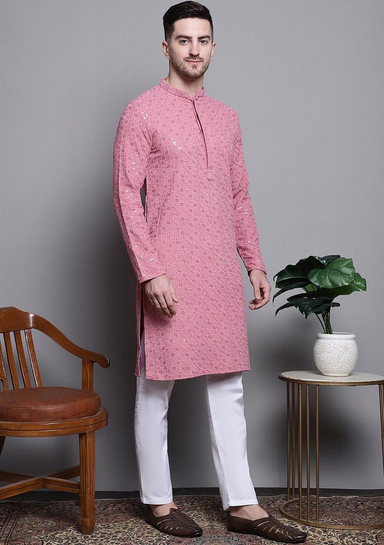 Coral Embroidered Poly Blend Kurta For Men