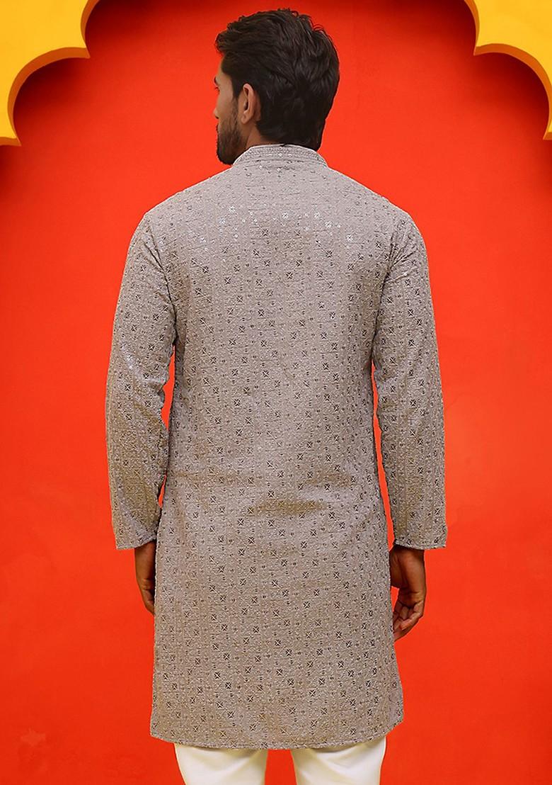 Grey Embroidered Poly Blend Kurta For Men