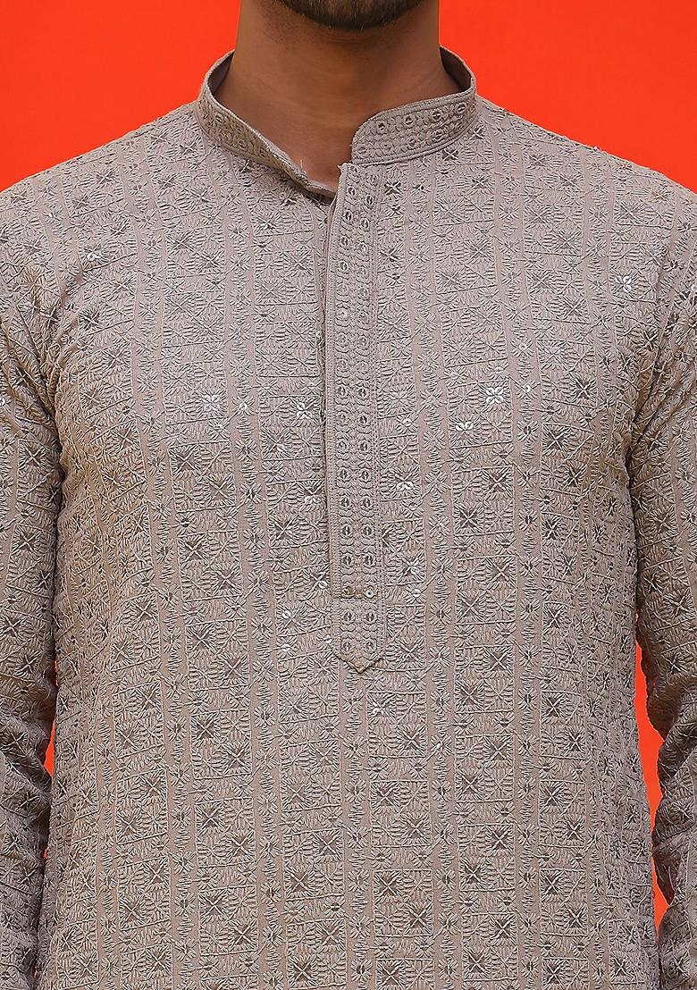 Grey Embroidered Poly Blend Kurta For Men