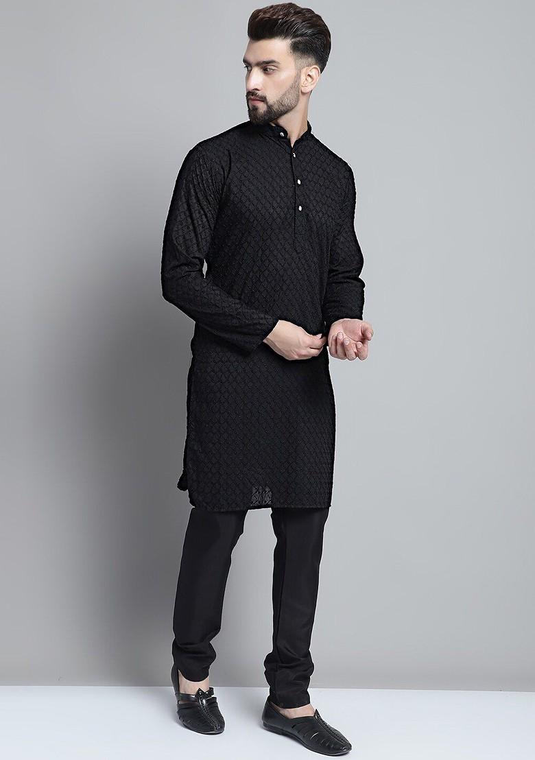 Black Embroidered Poly Blend Kurta For Men