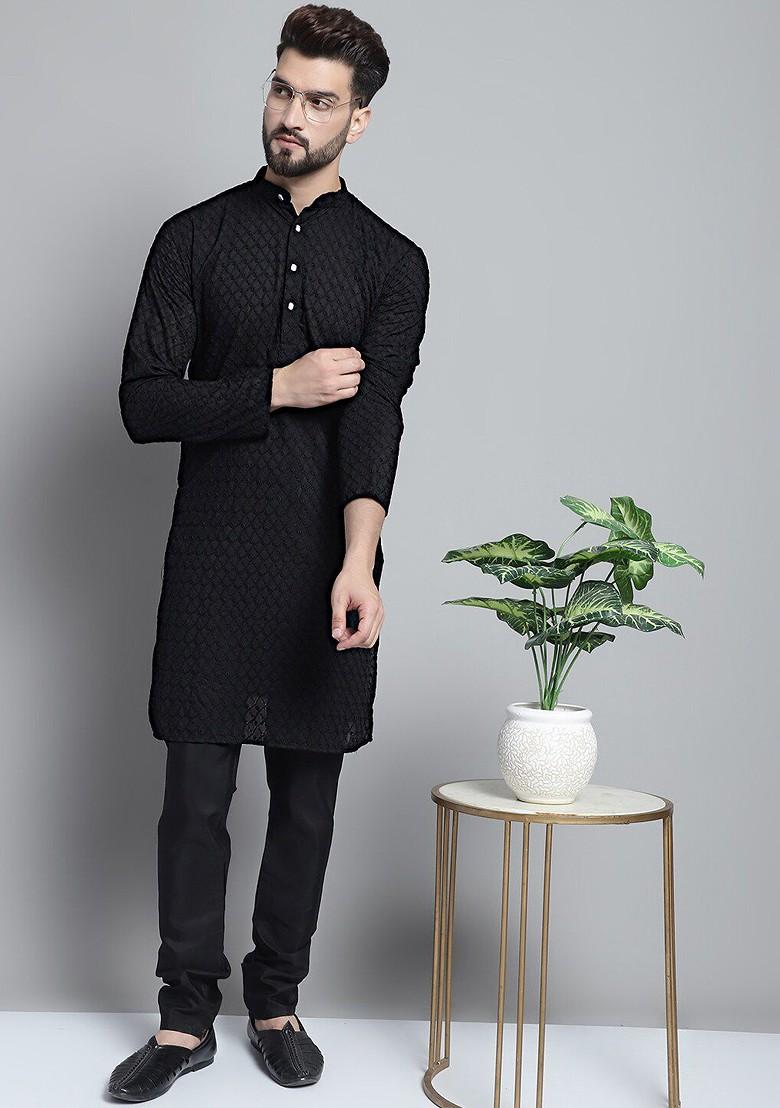 Black Embroidered Poly Blend Kurta For Men