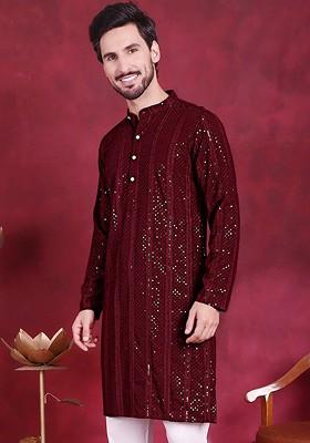 Maroon Embroidered Poly Blend Kurta For Men