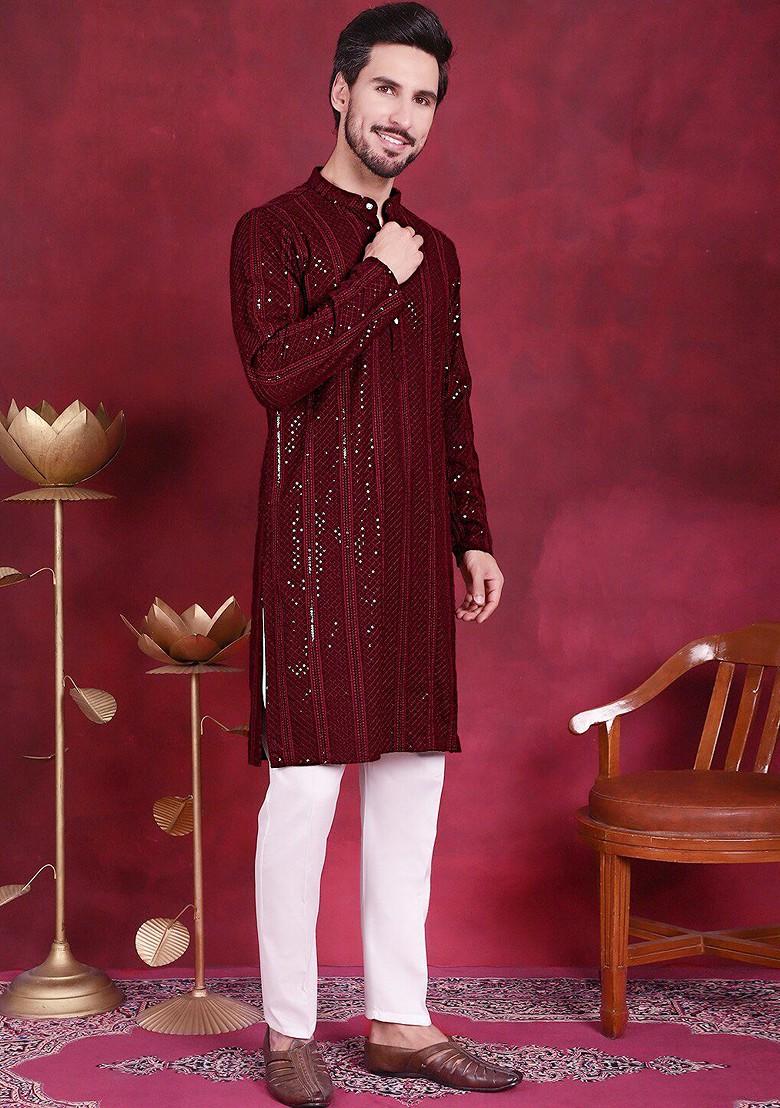 Maroon Embroidered Poly Blend Kurta For Men