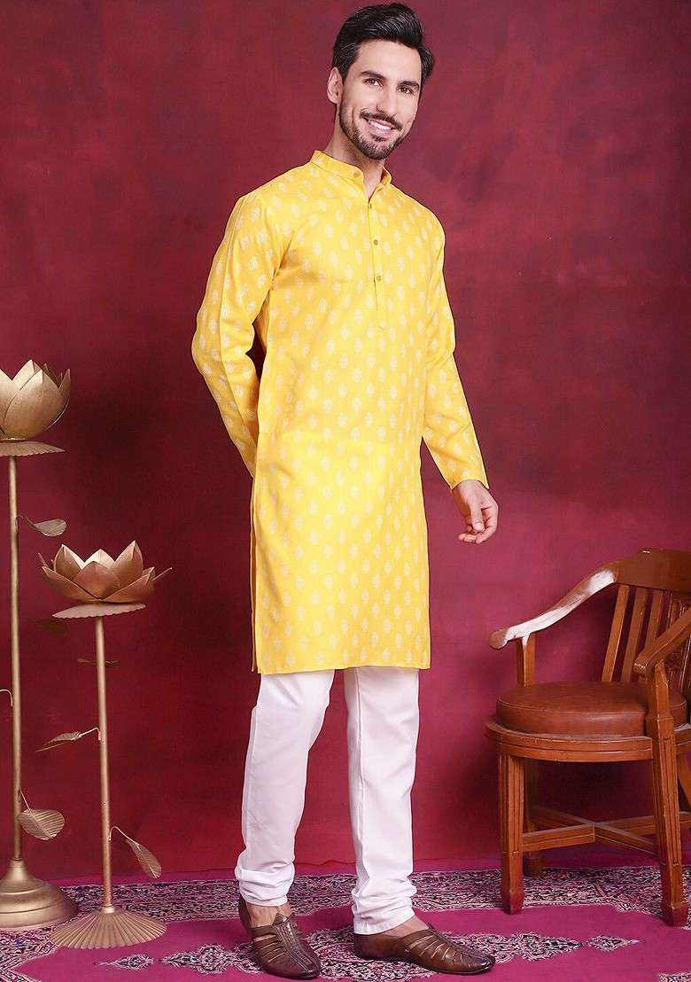 Yellow Printed Poly Blend Kurta For Men - Indya