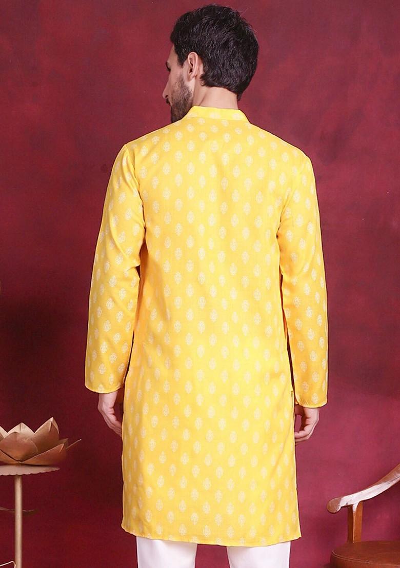 Yellow Printed Poly Blend Kurta For Men