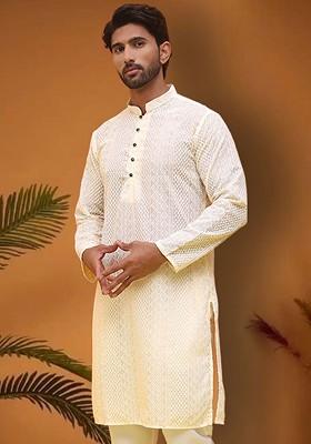 Cream Embroidered Poly Blend Kurta For Men