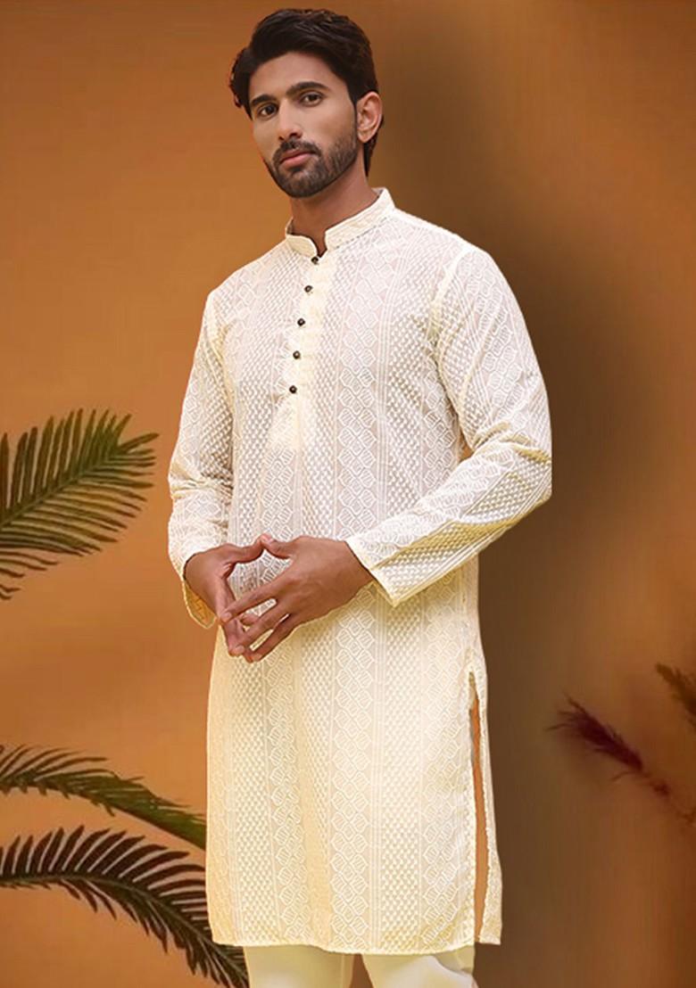 Cream Embroidered Poly Blend Kurta For Men