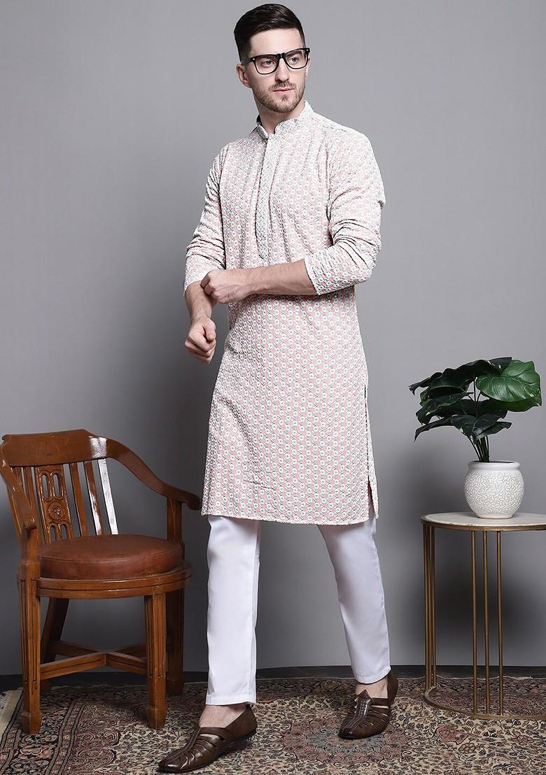 Peach Embroidered Poly Blend Kurta For Men